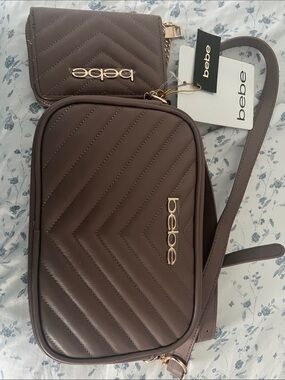 bebe Quilted Crossbody Bag and Card Holder in Brown with Gold Hardware